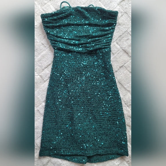 LUCY IN THE SKY Strapless Sequin Mini Dress in Deep Green Size XXS - Picture 3 of 6